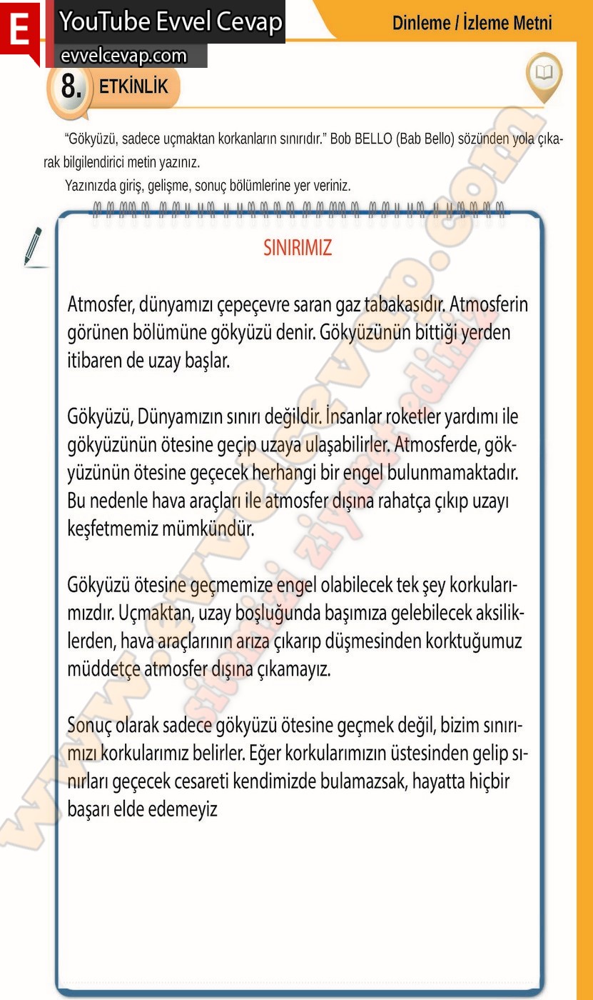 8. sınıf Meb Yayınları T&uuml;rk&ccedil;e Ders Kitabı Cevapları Sayfa 109