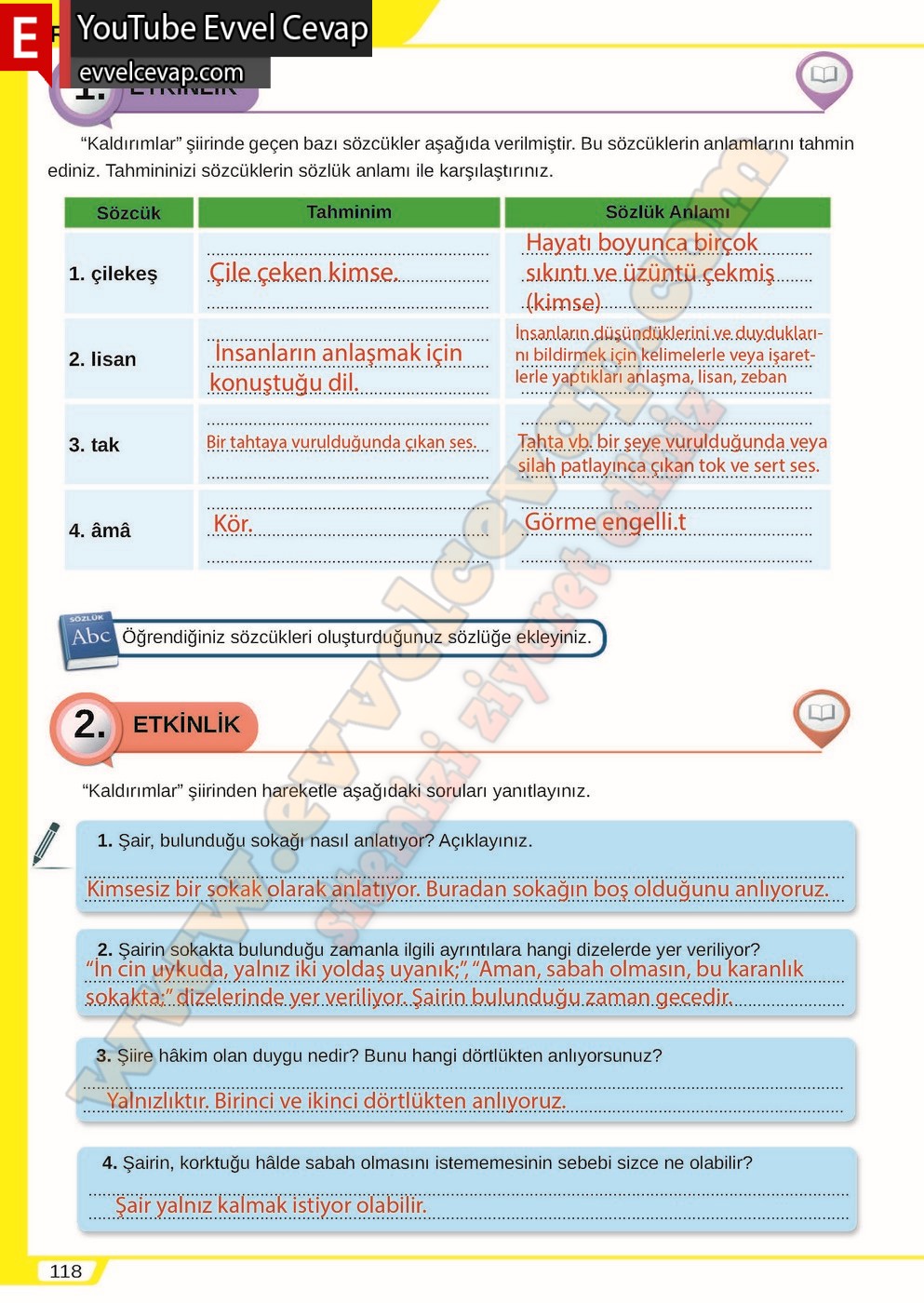 8. sınıf Meb Yayınları T&uuml;rk&ccedil;e Ders Kitabı Cevapları Sayfa 118