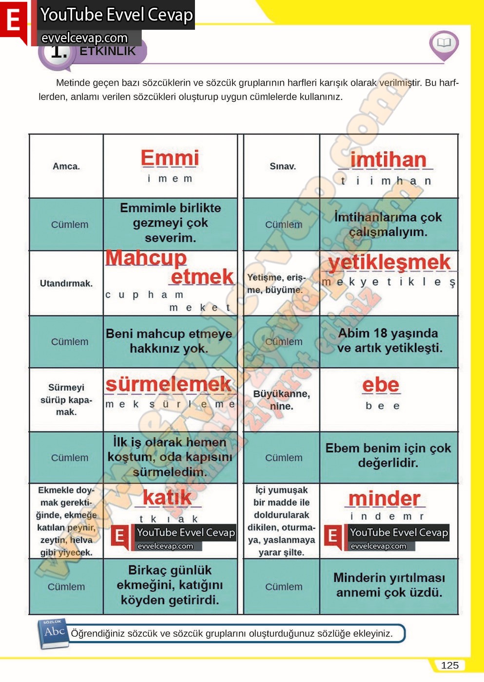 8. sınıf Meb Yayınları T&uuml;rk&ccedil;e Ders Kitabı Cevapları Sayfa 125