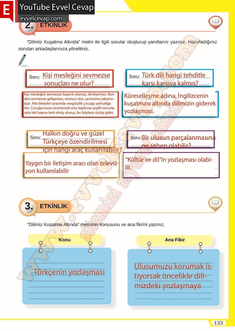 8. sınıf Meb Yayınları T&uuml;rk&ccedil;e Ders Kitabı Cevapları Sayfa 133