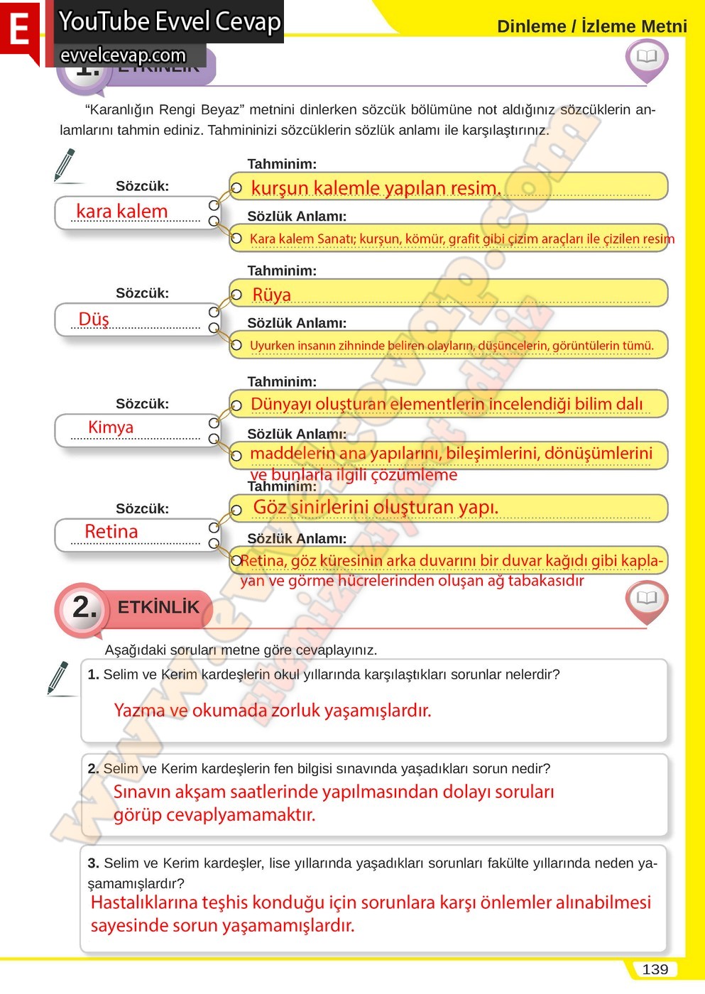 8. sınıf Meb Yayınları T&uuml;rk&ccedil;e Ders Kitabı Cevapları Sayfa 139