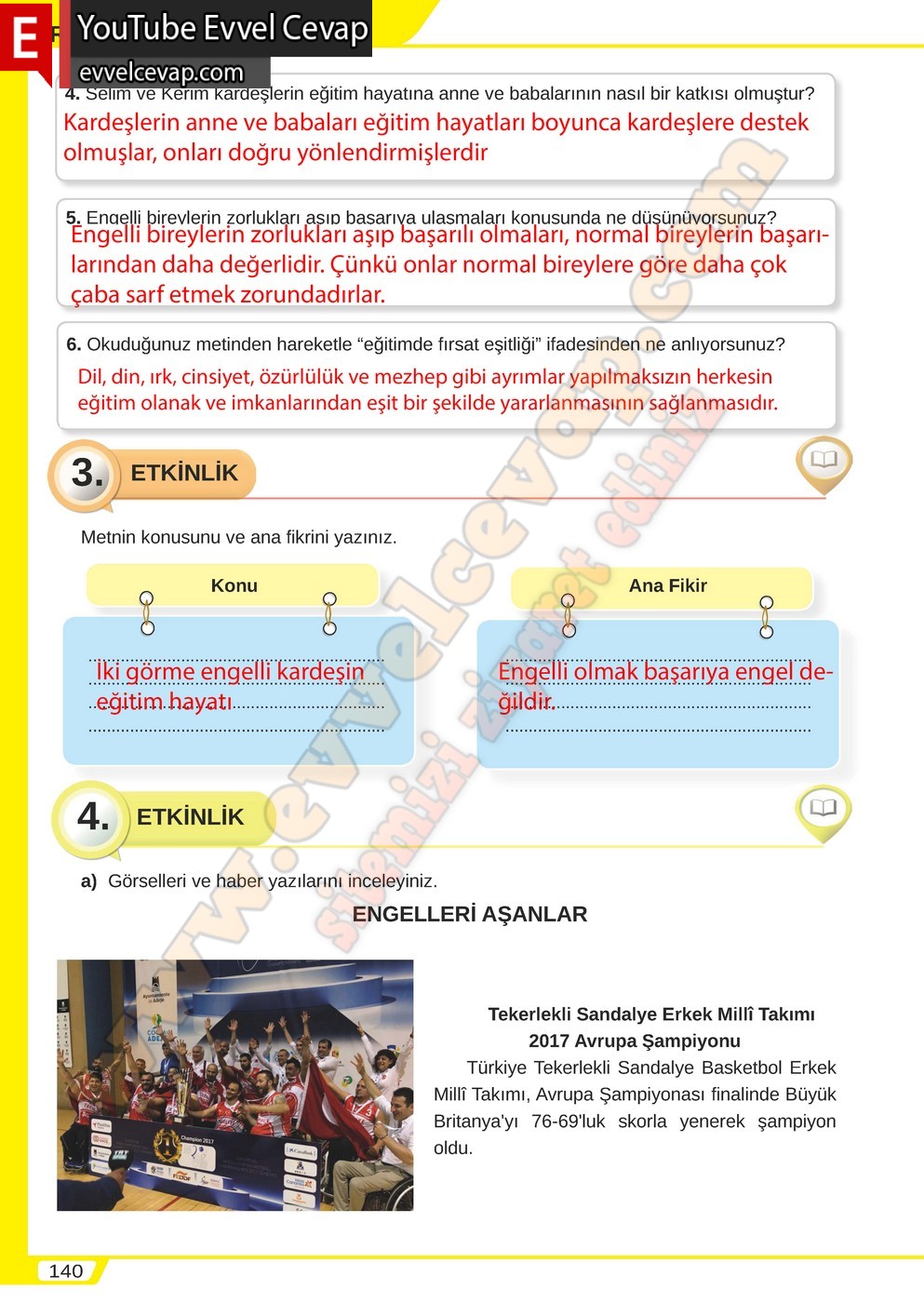 8. sınıf Meb Yayınları T&uuml;rk&ccedil;e Ders Kitabı Cevapları Sayfa 140