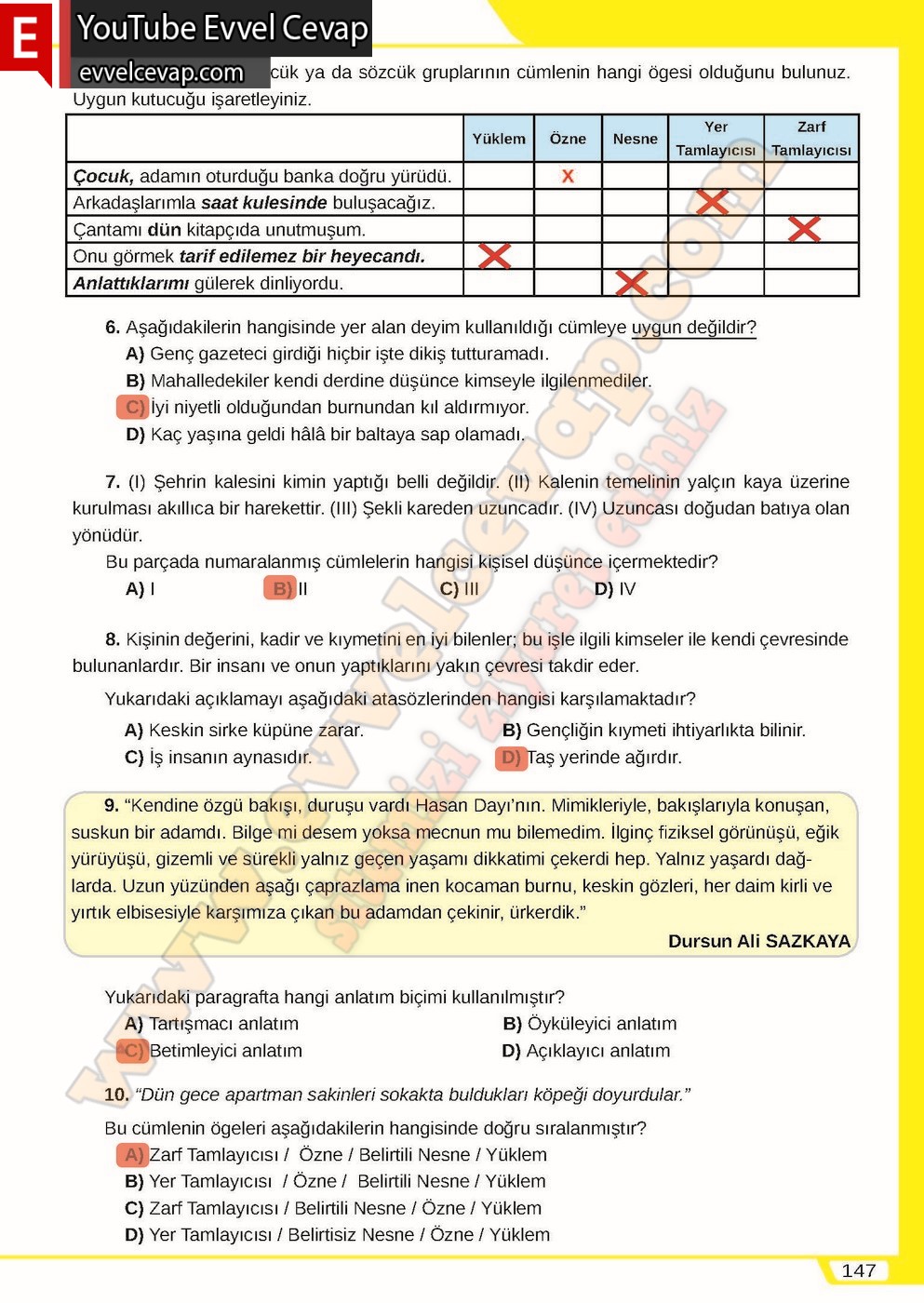 8. sınıf Meb Yayınları T&uuml;rk&ccedil;e Ders Kitabı Cevapları Sayfa 147