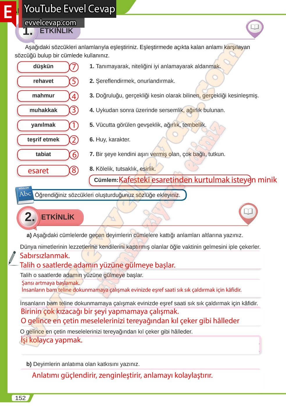 8. sınıf Meb Yayınları T&uuml;rk&ccedil;e Ders Kitabı Cevapları Sayfa 152