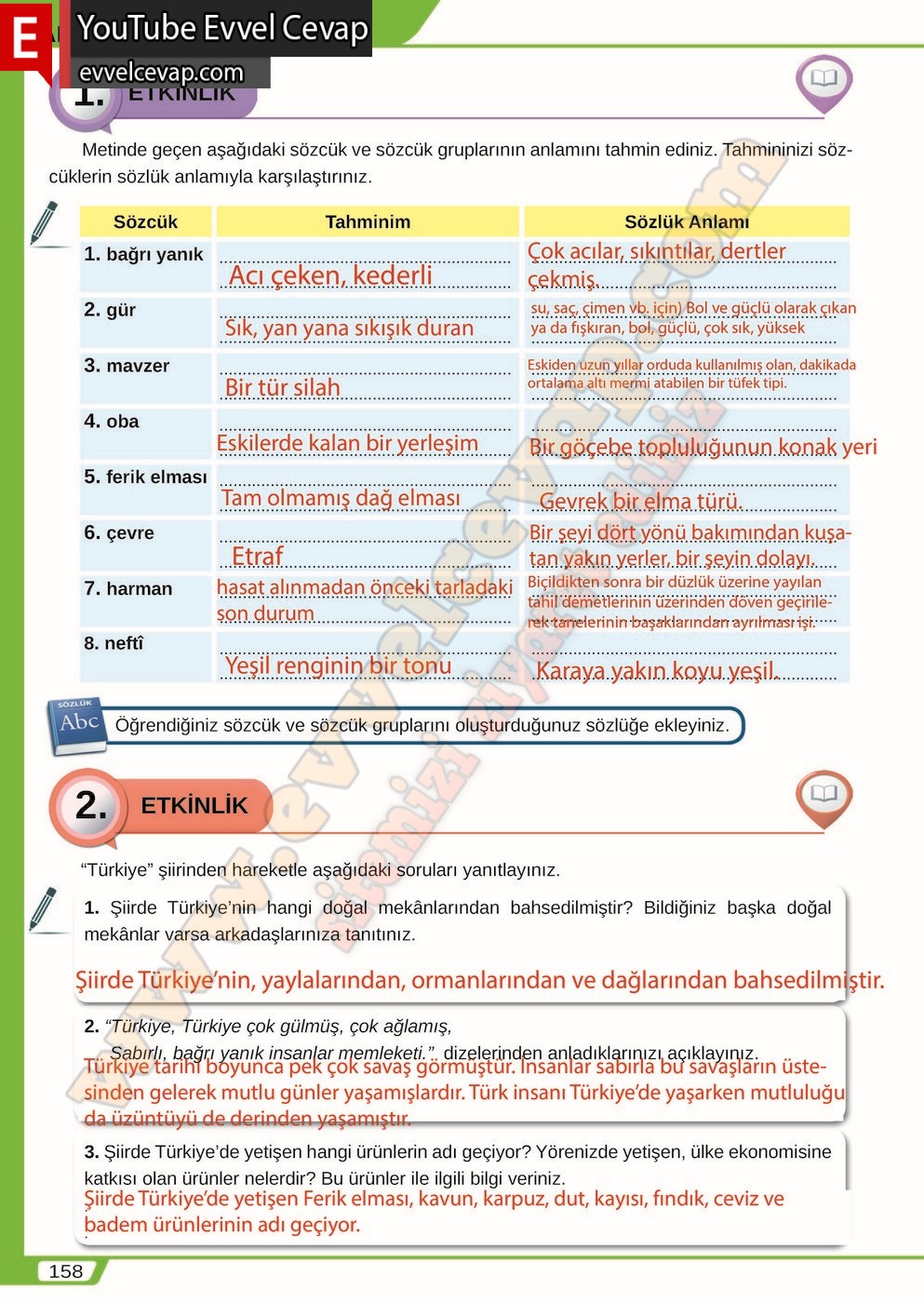 8. sınıf Meb Yayınları T&uuml;rk&ccedil;e Ders Kitabı Cevapları Sayfa 158