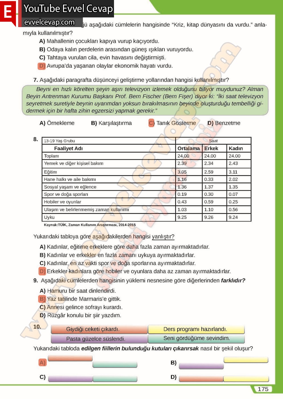 8. sınıf Meb Yayınları T&uuml;rk&ccedil;e Ders Kitabı Cevapları Sayfa 175