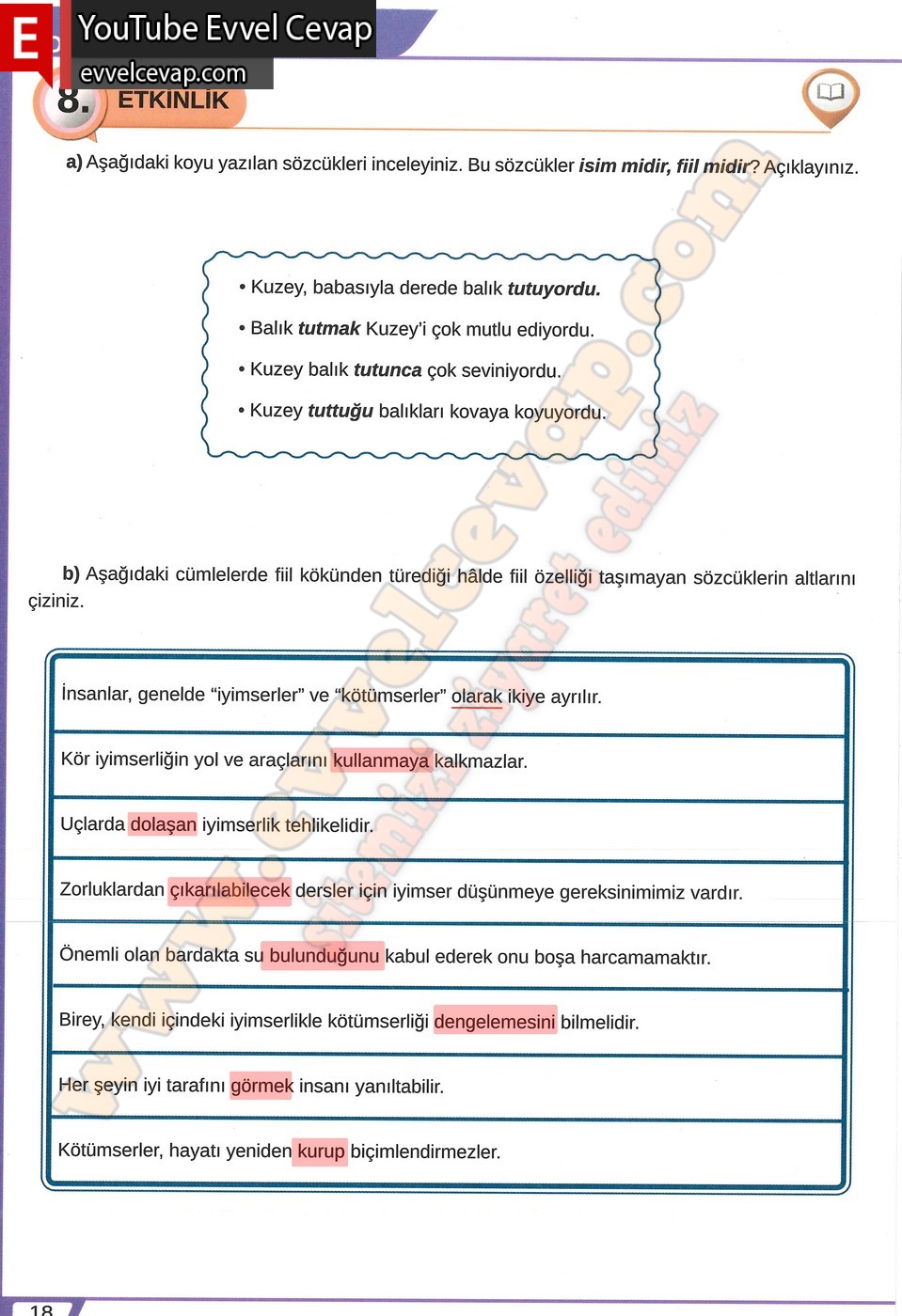 8. sınıf Meb Yayınları T&uuml;rk&ccedil;e Ders Kitabı Cevapları Sayfa 18