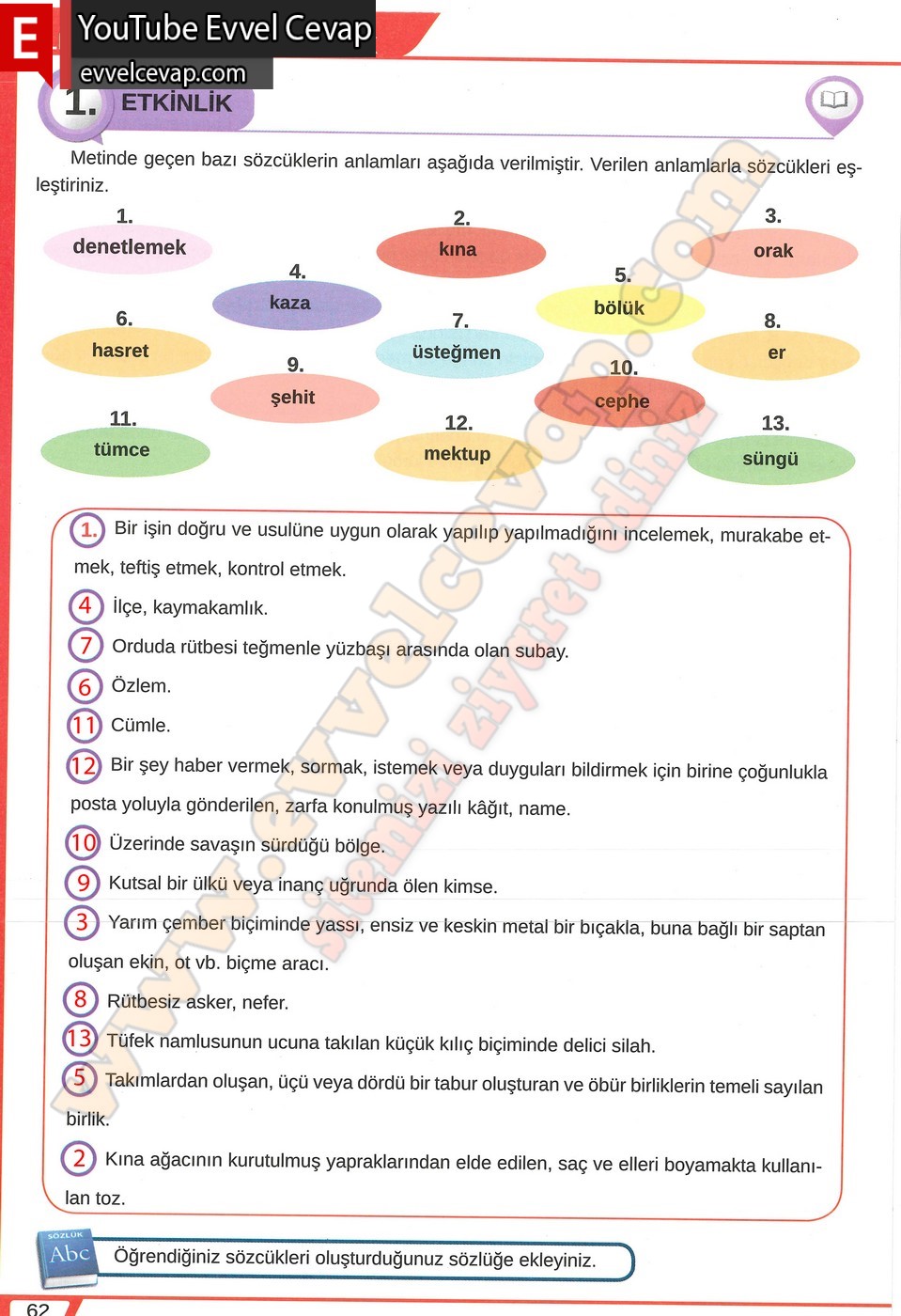 8. sınıf Meb Yayınları T&uuml;rk&ccedil;e Ders Kitabı Cevapları Sayfa 62