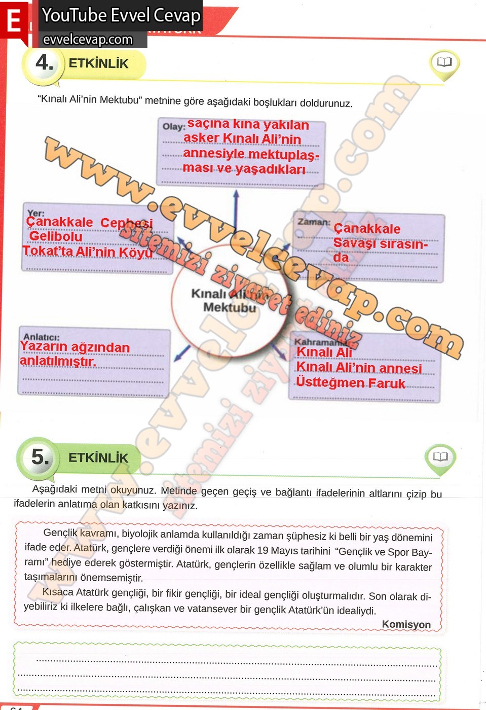 8. sınıf Meb Yayınları T&uuml;rk&ccedil;e Ders Kitabı Cevapları Sayfa 64