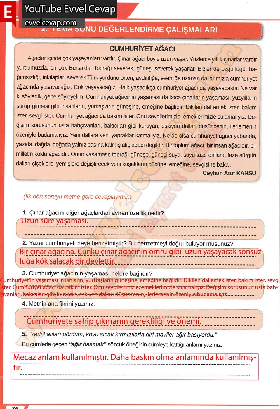 8. sınıf Meb Yayınları T&uuml;rk&ccedil;e Ders Kitabı Cevapları Sayfa 76