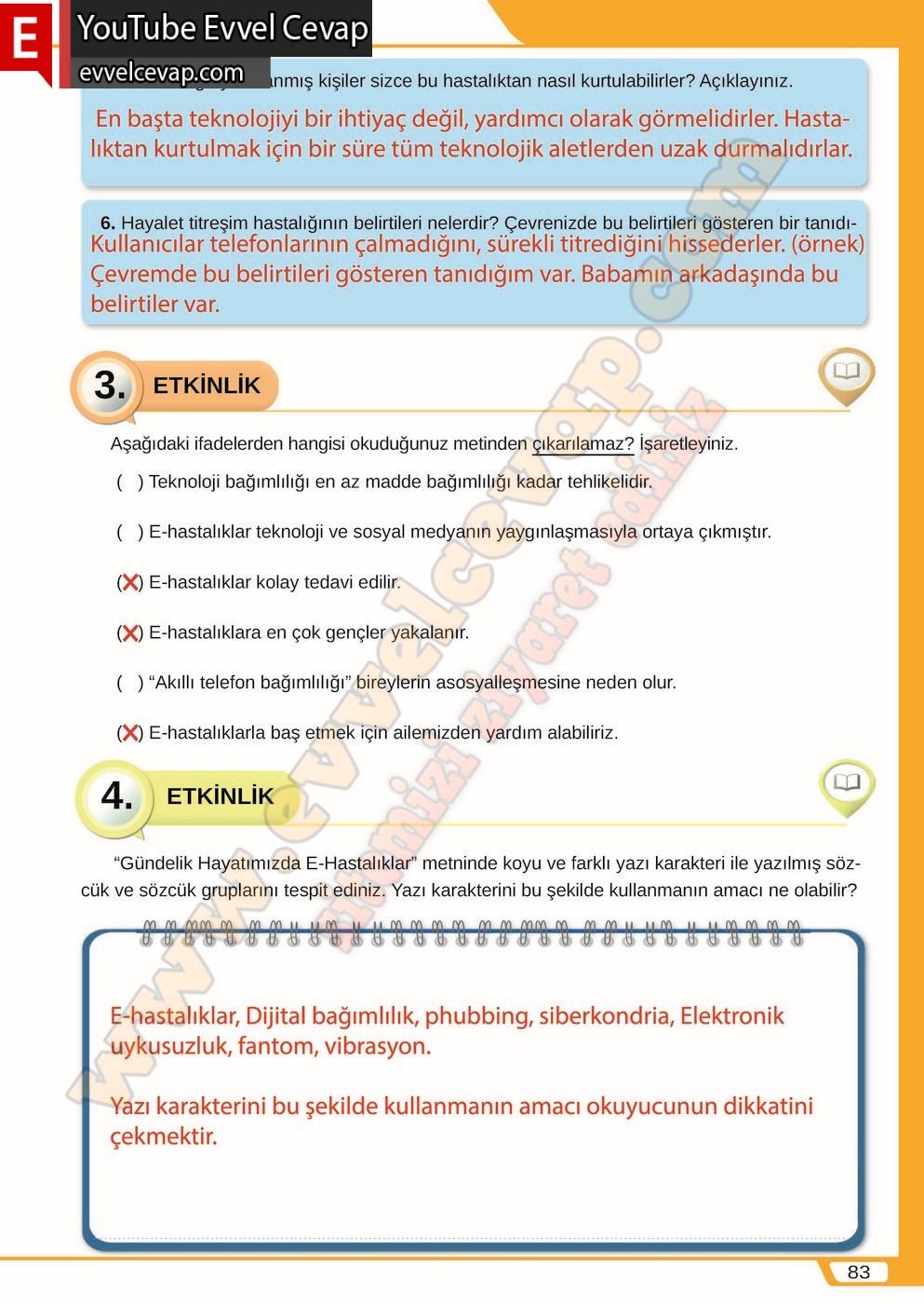 8. sınıf Meb Yayınları T&uuml;rk&ccedil;e Ders Kitabı Cevapları Sayfa 83
