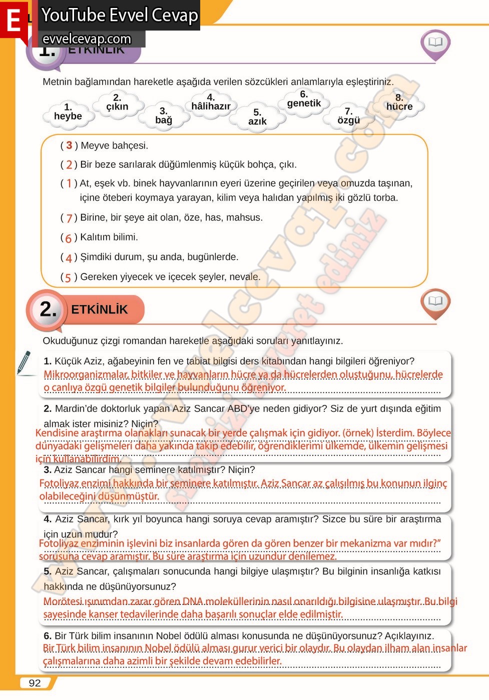 8. sınıf Meb Yayınları T&uuml;rk&ccedil;e Ders Kitabı Cevapları Sayfa 92