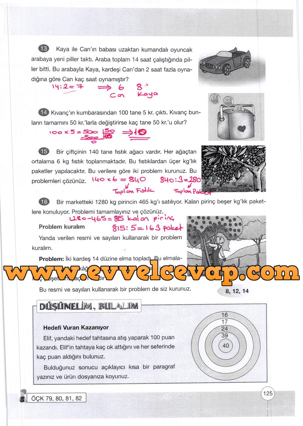 4. Sınıf Yakın Çağ Yayınları Matematik Ders Kitabı 125. Sayfa Cevapları Doğal Sayılarla Bölme İşlemi