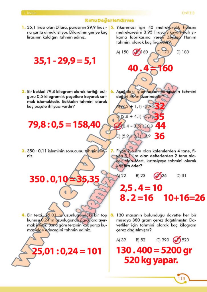 6. Sınıf Meb Yayınları Matematik Ders Kitabı Sayfa 113 Cevabı - Evvel Cevap