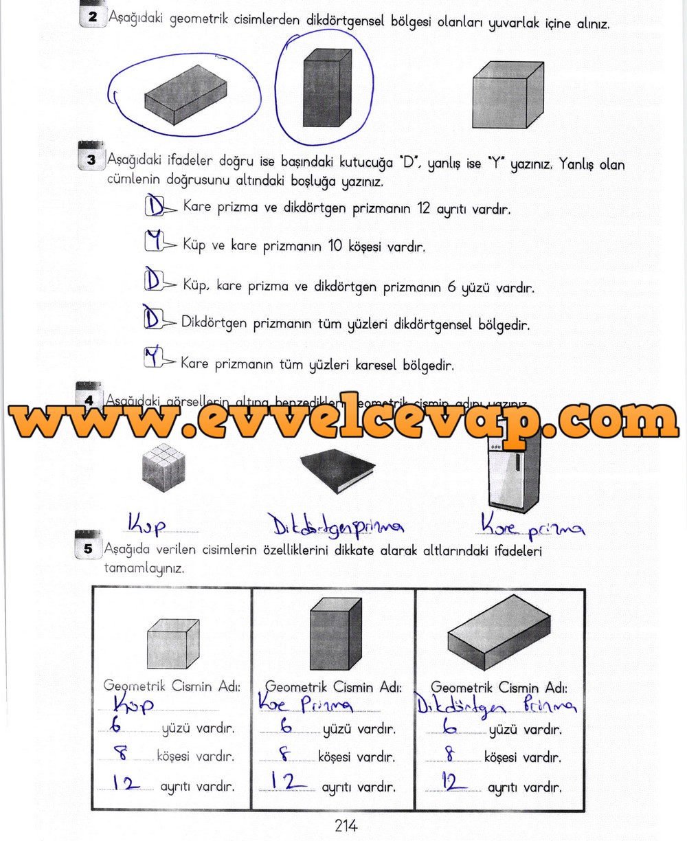 3. Sınıf Meb Yayınları Matematik Ders Kitabı Sayfa 214 Cevapları