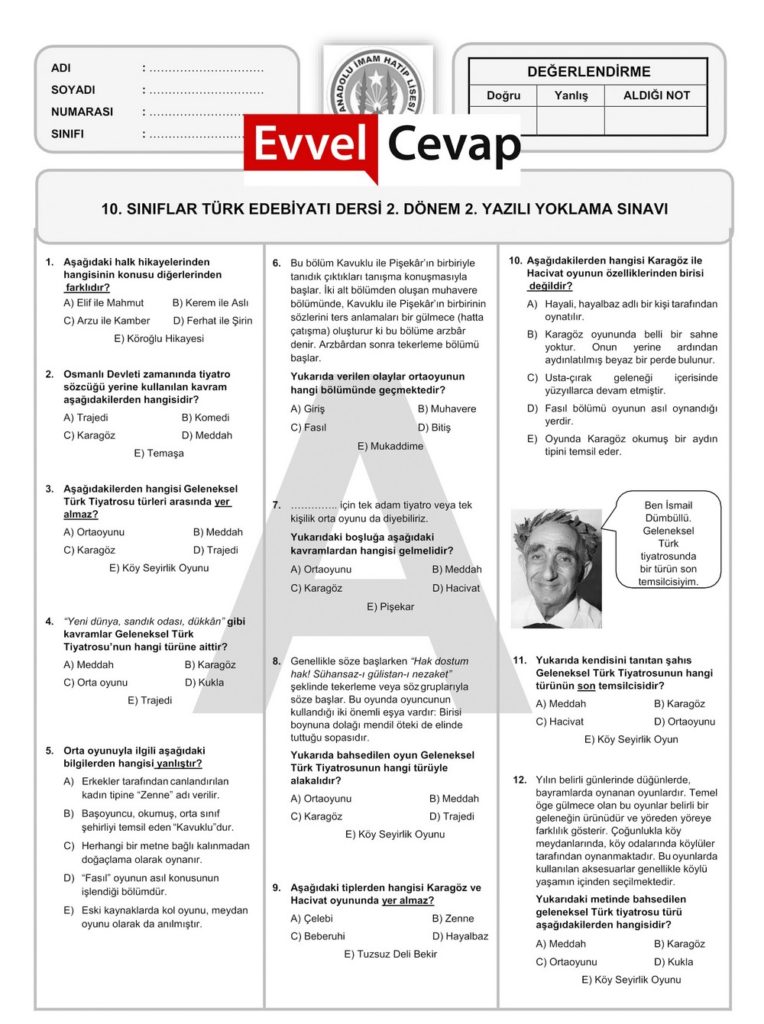 10. Sınıf Türk Dili Ve Edebiyatı 2. Dönem 2. Yazılı Soruları