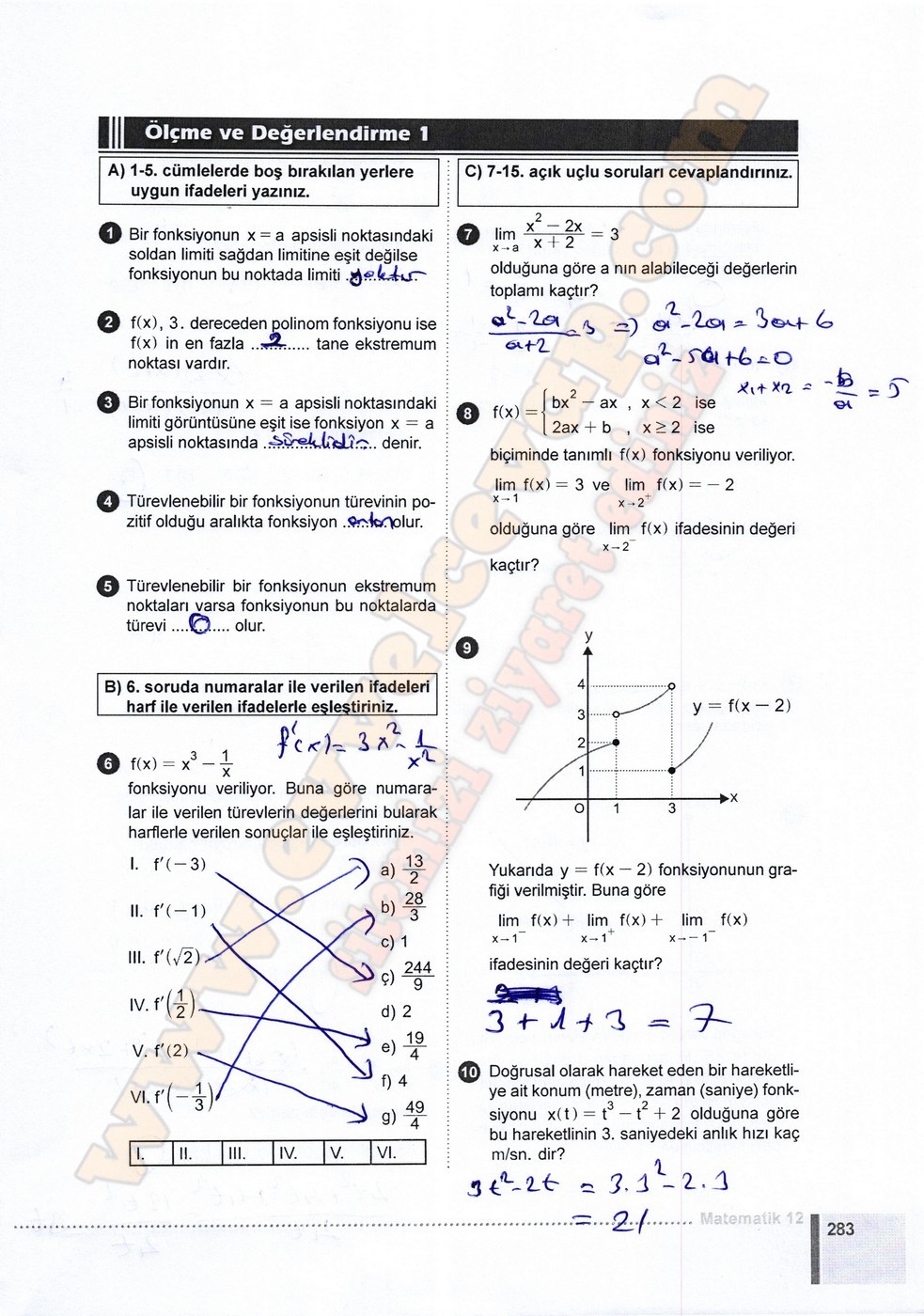 12. Sınıf Matematik Meb Yayınları Ders Kitabı Cevapları Sayfa 287