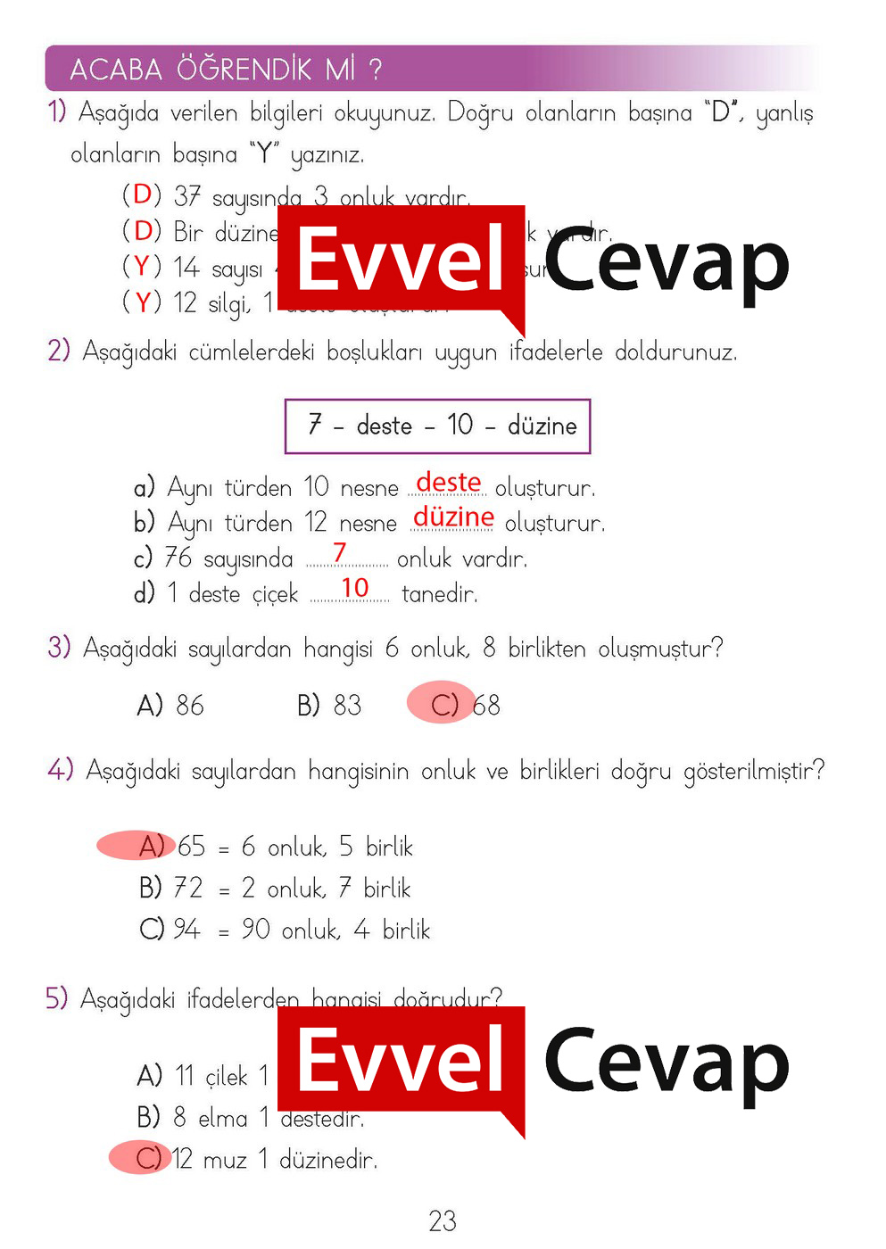 2. Sınıf Matematik Meb Yayınları Ders Kitabı Cevapları Sayfa 23