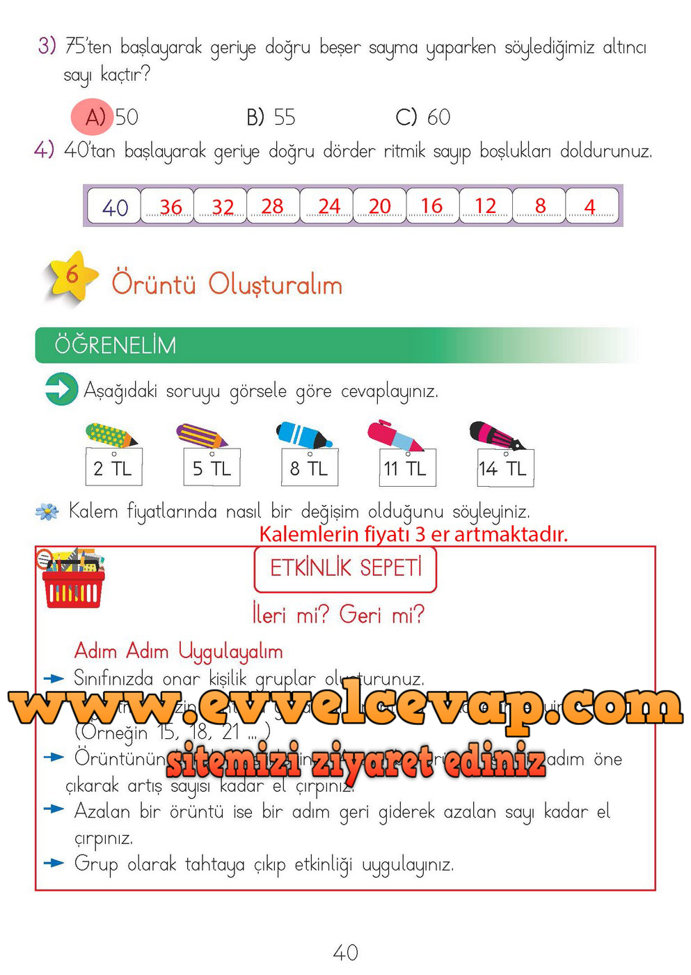 2. Sınıf Matematik Meb Yayınları Ders Kitabı Cevapları Sayfa 40