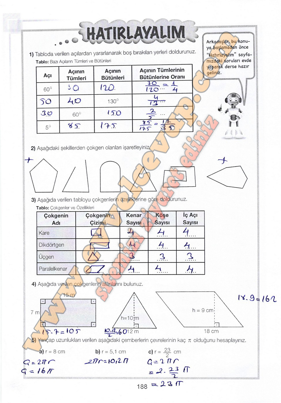 7. Sınıf Matematik Meb Yayınları Ders Kitabı Cevapları Sayfa 188