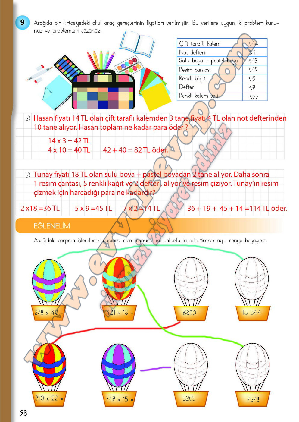 4. Sınıf Matematik Ders Kitabı Meb Sayfa 90-91-93-96-97-98 Cevapları