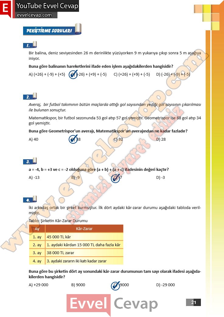 7. Sınıf Matematik Çalışma Kitabı Cevapları Sayfa 21