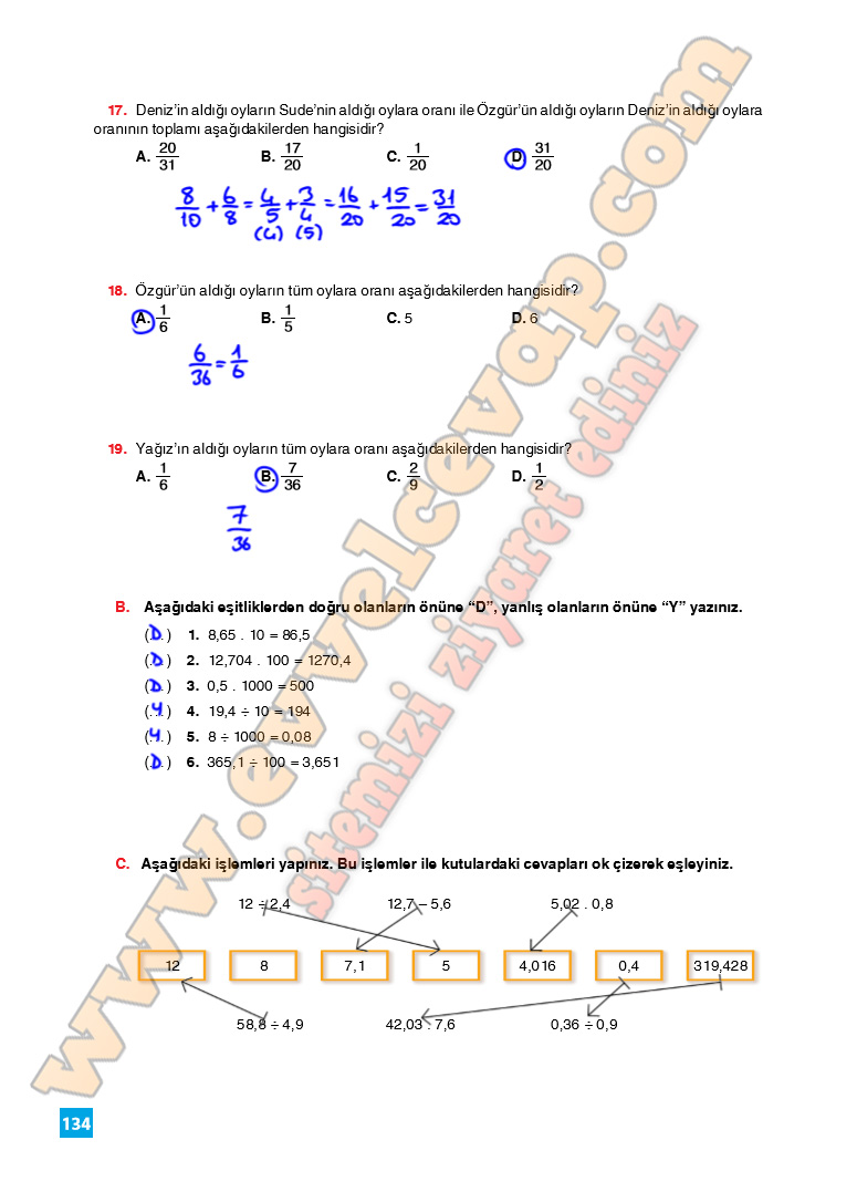 6. Sınıf Matematik Ders Kitabı Cevapları Koza Yayın Sayfa 134