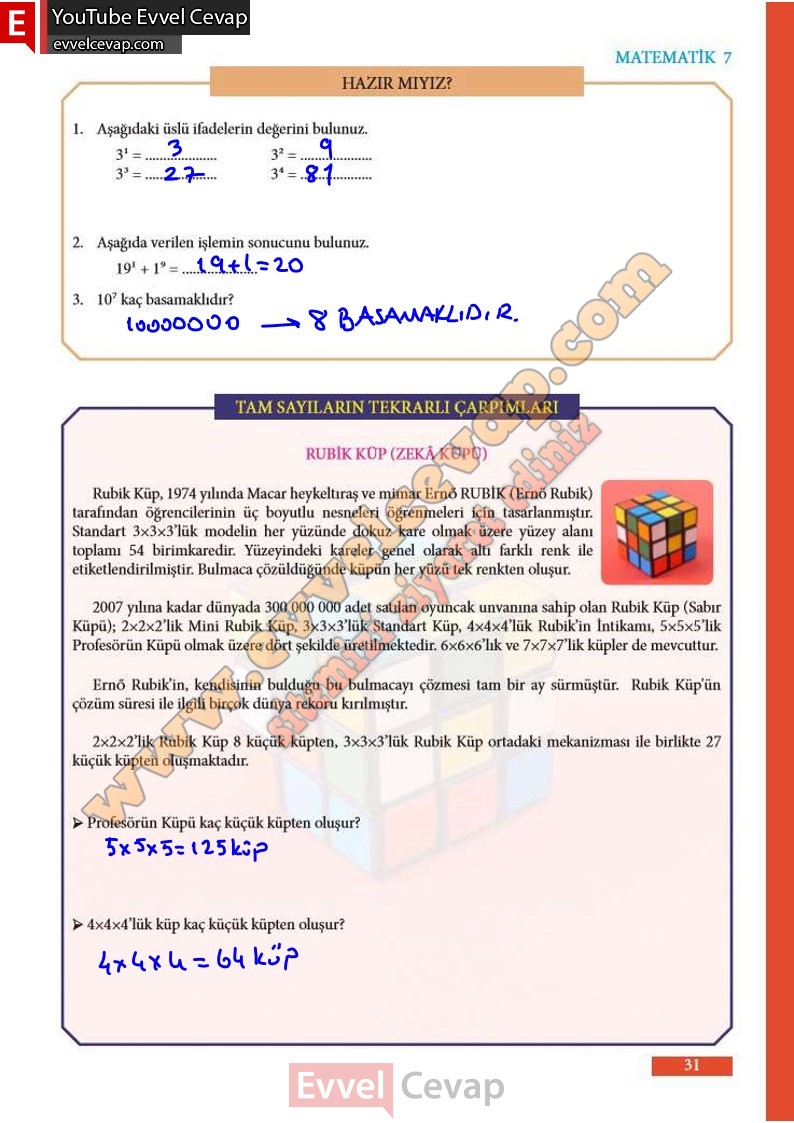 7. Sınıf Meb Yayınları Matematik Ders Kitabı Cevapları Sayfa 31-32