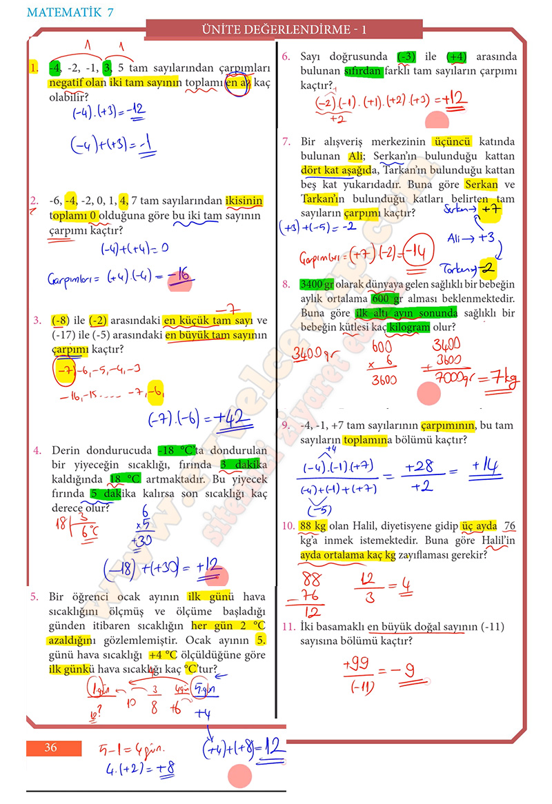 7. Sınıf Matematik Ders Kitabı Cevapları Meb Yayınları Sayfa 36