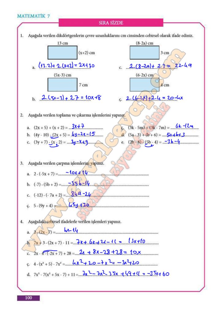 7. Sınıf Matematik Ders Kitabı Cevapları Meb Yayınları Sayfa 100