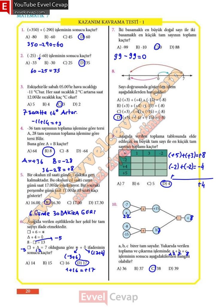 7. Sınıf Matematik Ders Kitabı Cevapları Meb Yayınları Sayfa 20