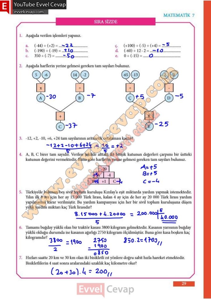 7. Sınıf Matematik Ders Kitabı Cevapları Meb Yayınları Sayfa 29