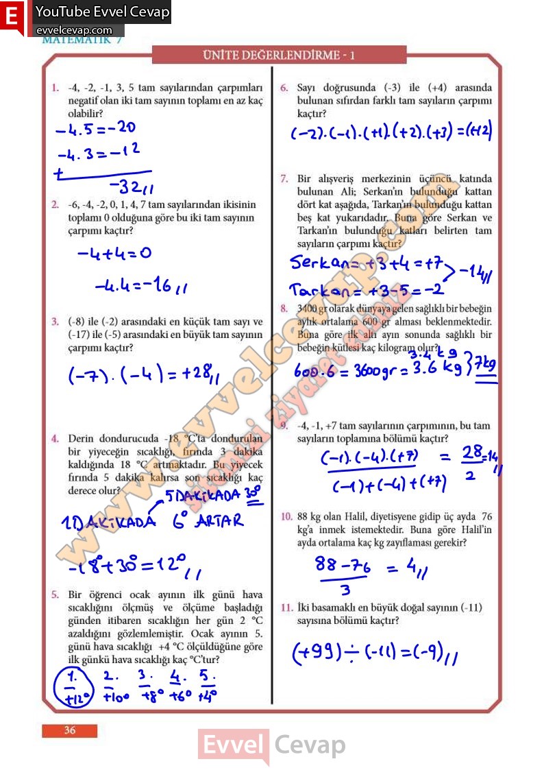 7. Sınıf Matematik Ders Kitabı Cevapları Meb Yayınları Sayfa 36